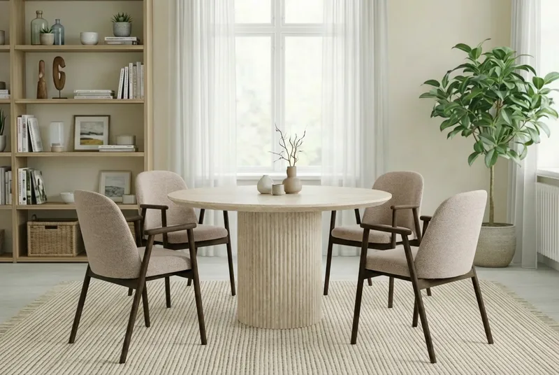 Uppveda Rundt Spisebord 120 cm Travertin med 4 Reciclar Spisestole - Travertin/Greige - Møbler - Borde - Spisebordssæt