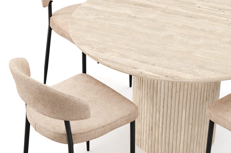 Uppveda Rundt Spisebord 130 cm med travertin-look med 4 stk. Jairam Spisebordsstole - Beige - Møbler - Borde - Spisebordssæt