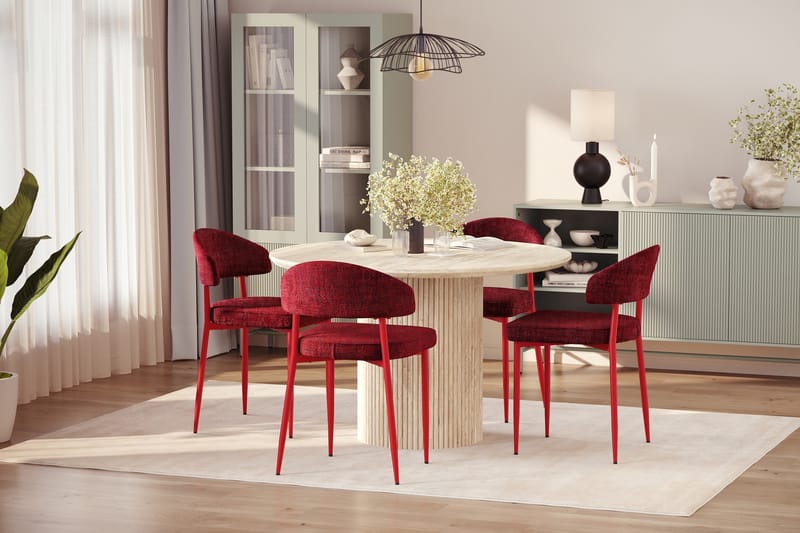 Uppveda Rundt Spisebord 130 cm med travertin-look med 4 stk. Jairam Spisebordsstole - Beige - Møbler - Borde - Spisebordssæt