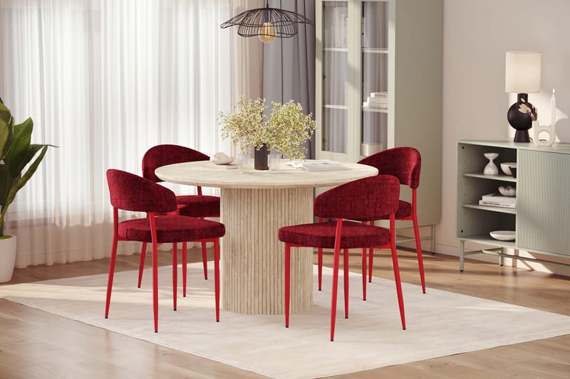 Uppveda Rundt Spisebord 130 cm med travertin-look med 4 stk. Jairam Spisebordsstole - Beige - Møbler - Borde - Spisebordssæt