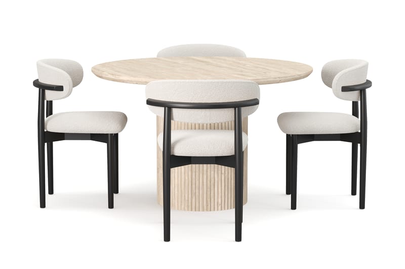 Uppveda Rundt Spisebord 130 cm med travertin-look med 4 stk. Jaiveer Spisebordsstole - Beige - Møbler - Borde - Spisebordssæt