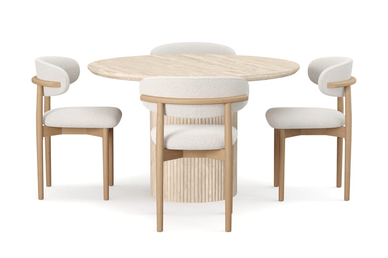Uppveda Rundt Spisebord 130 cm med travertin-look med 4 stk. Jaiveer Spisebordsstole - Beige - Møbler - Borde - Spisebordssæt