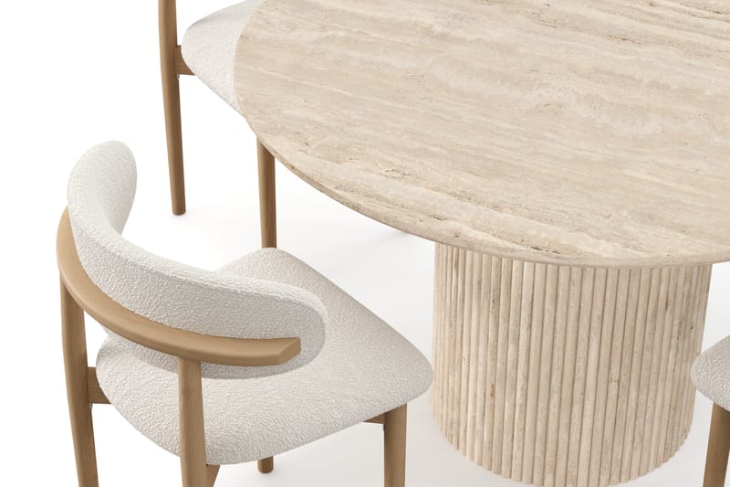 Uppveda Rundt Spisebord 130 cm med travertin-look med 4 stk. Jaiveer Spisebordsstole - Beige - Møbler - Borde - Spisebordssæt