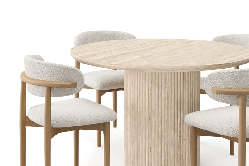 Uppveda Rundt Spisebord 130 cm med travertin-look med 4 stk. Jaiveer Spisebordsstole - Beige - Møbler - Borde - Spisebordssæt