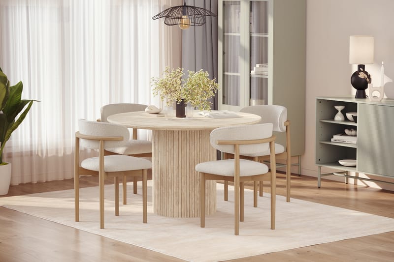 Uppveda Rundt Spisebord 130 cm med travertin-look med 4 stk. Jaiveer Spisebordsstole - Beige - Møbler - Borde - Spisebordssæt
