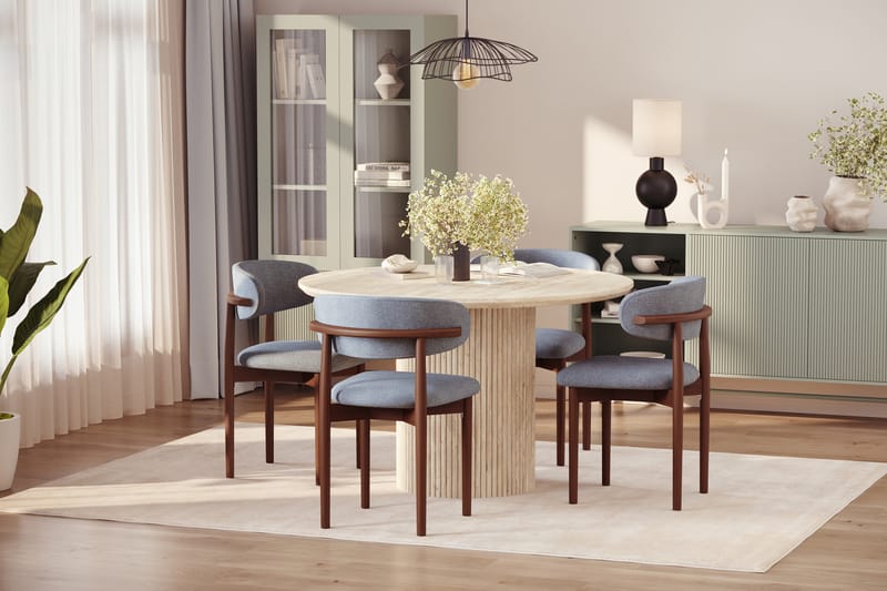 Uppveda Rundt Spisebord 130 cm med travertin-look med 4 stk. Jaiveer Spisebordsstole - Beige - Møbler - Borde - Spisebordssæt