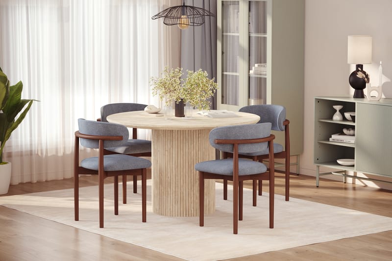 Uppveda Rundt Spisebord 130 cm med travertin-look med 4 stk. Jaiveer Spisebordsstole - Beige - Møbler - Borde - Spisebordssæt
