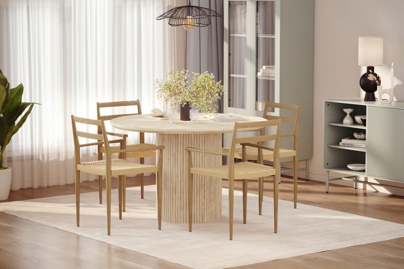 Uppveda Rundt Spisebord 130 cm med travertin-look med 4 stk. Jamna Armlænssstole - Beige - Møbler - Borde - Spisebordssæt