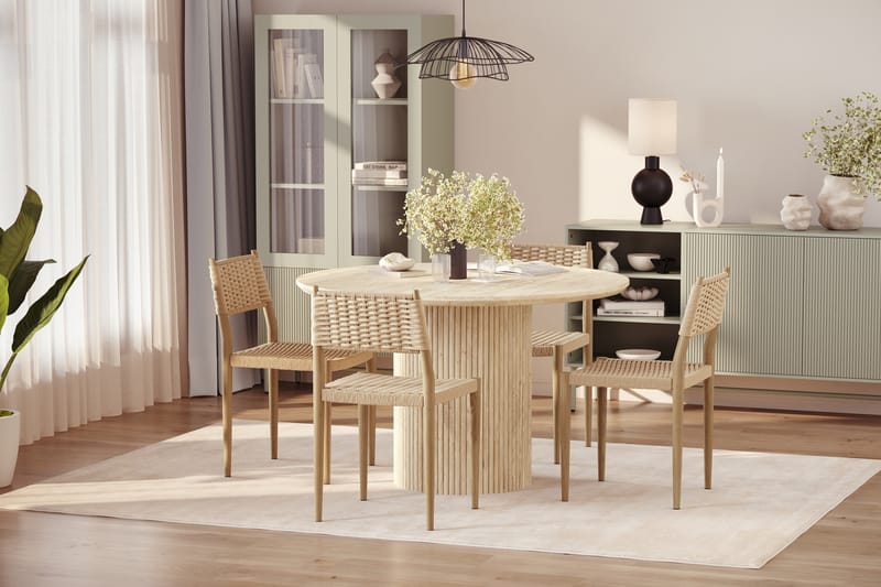 Uppveda Rundt Spisebord 130 cm med travertin-look med 4 stk. Jamna Spisebordsstole - Beige - Møbler - Borde - Spisebordssæt