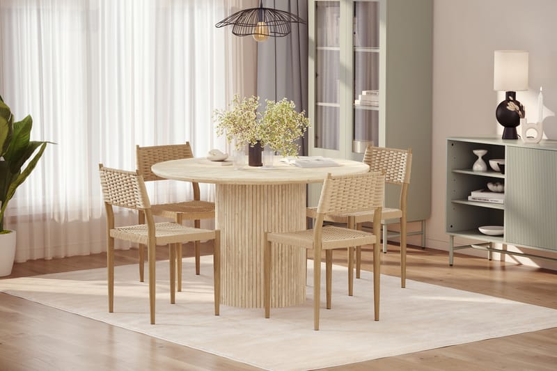 Uppveda Rundt Spisebord 130 cm med travertin-look med 4 stk. Jamna Spisebordsstole - Beige - Møbler - Borde - Spisebordssæt