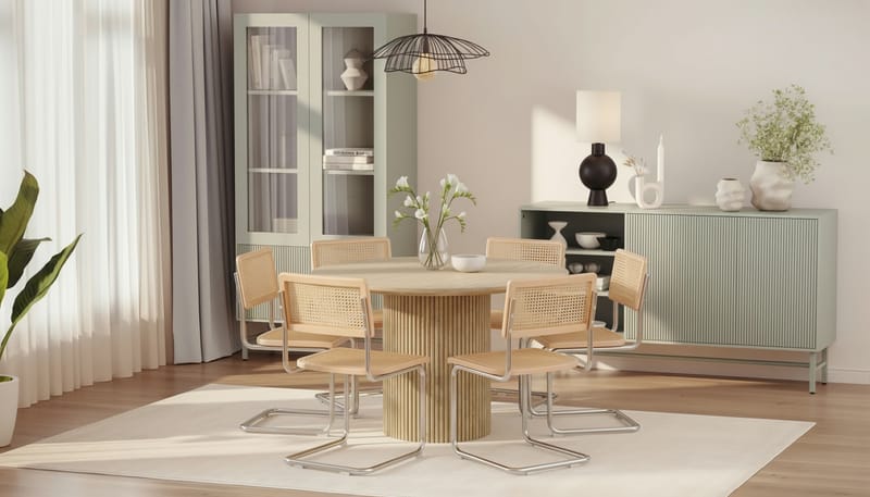 Uppveda Rundt Spisebord 130 cm med travertin-look med 6 stk. Build Spisebordsstole - Beige - Møbler - Borde - Spisebordssæt