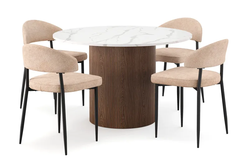 Uppveda Spisebord 120 cm Rund med 4 stk Jairam Matstkolar, Brun
