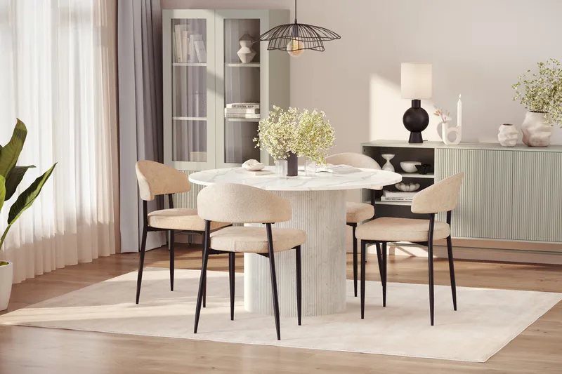 Uppveda Spisebord 120 cm Rund med 4 stk Jairam Matstkolar - Hvid - Møbler - Borde - Spisebordssæt