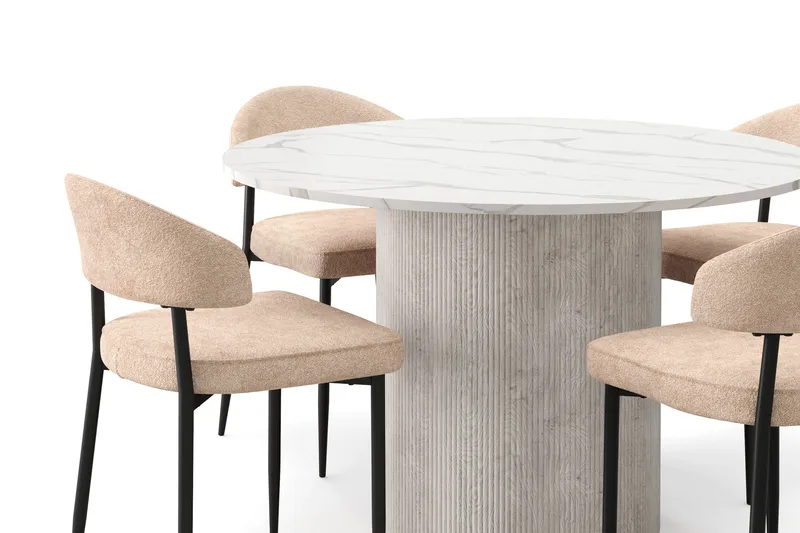 Uppveda Spisebord 120 cm Rund med 4 stk Jairam Matstkolar - Hvid - Møbler - Borde - Spisebordssæt