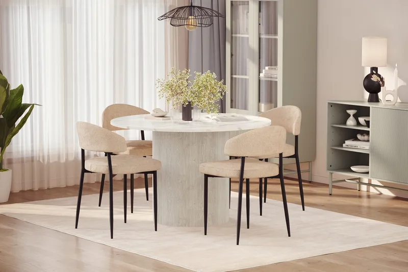 Uppveda Spisebord 120 cm Rund med 4 stk Jairam Matstkolar - Hvid - Møbler - Borde - Spisebordssæt