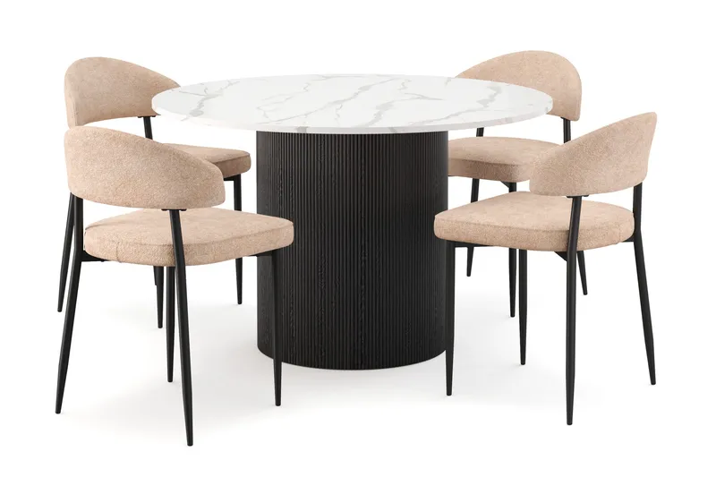 Uppveda Spisebord 120 cm Rund med 4 stk Jairam Matstkolar, Sort/Hvid