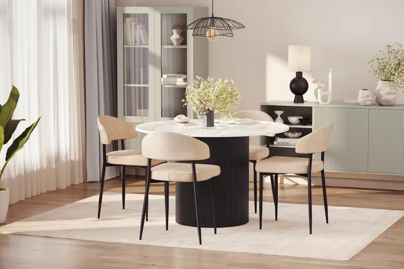 Uppveda Spisebord 120 cm Rund med 4 stk Jairam Matstkolar - Sort/Hvid - Møbler - Borde - Spisebordssæt