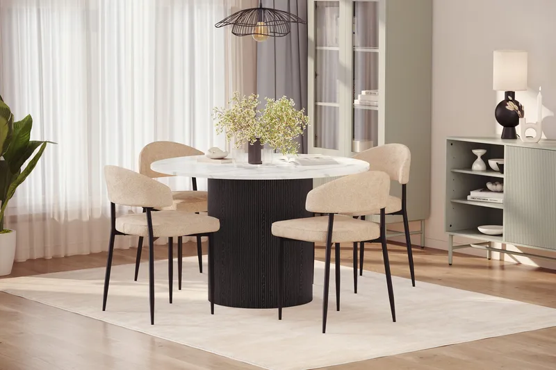 Uppveda Spisebord 120 cm Rund med 4 stk Jairam Matstkolar - Sort/Hvid - Møbler - Borde - Spisebordssæt