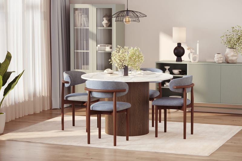 Uppveda Spisebord 120 cm Rund med 4 stk Jaiveer Matstkolar - Brun - Møbler - Borde - Spisebordssæt