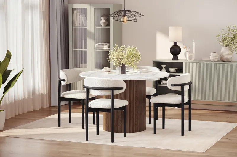 Uppveda Spisebord 120 cm Rund med 4 stk Jaiveer Matstkolar - Brun - Møbler - Borde - Spisebordssæt