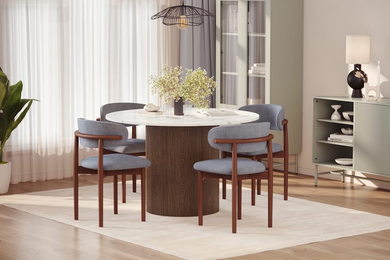 Uppveda Spisebord 120 cm Rund med 4 stk Jaiveer Matstkolar - Brun - Møbler - Borde - Spisebordssæt