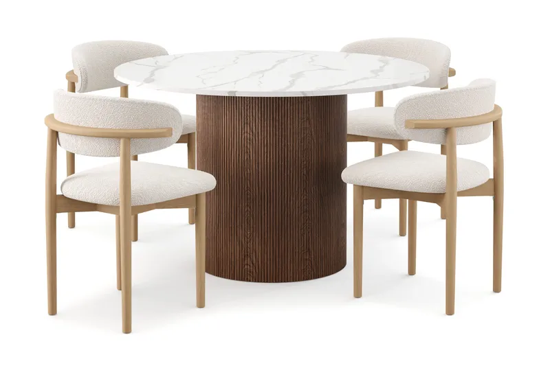 Uppveda Spisebord 120 cm Rund med 4 stk Jaiveer Matstkolar, Brun