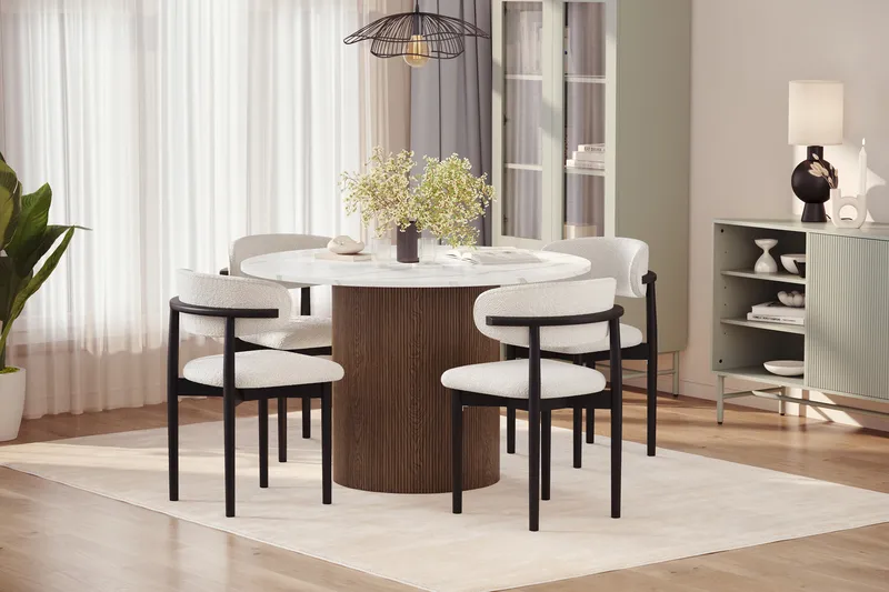 Uppveda Spisebord 120 cm Rund med 4 stk Jaiveer Matstkolar - Brun - Møbler - Borde - Spisebordssæt