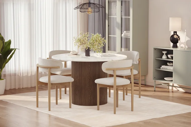 Uppveda Spisebord 120 cm Rund med 4 stk Jaiveer Matstkolar - Brun - Møbler - Borde - Spisebordssæt