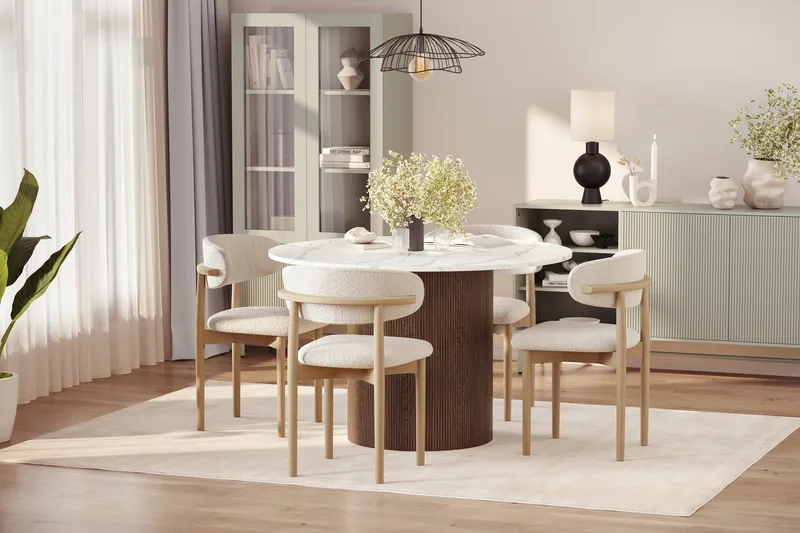 Uppveda Spisebord 120 cm Rund med 4 stk Jaiveer Matstkolar - Brun - Møbler - Borde - Spisebordssæt