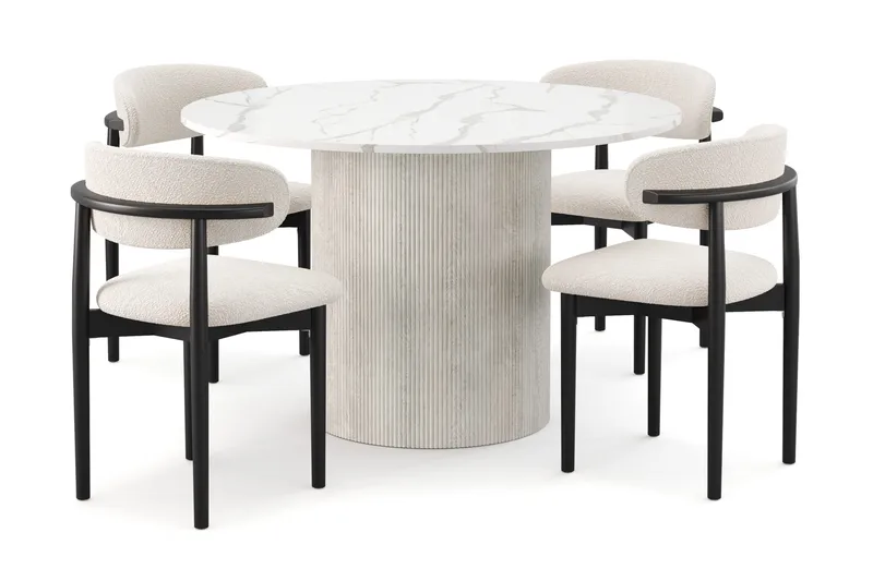 Uppveda Spisebord 120 cm Rund med 4 stk Jaiveer Matstkolar, Hvid