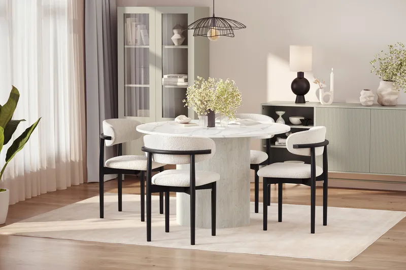 Uppveda Spisebord 120 cm Rund med 4 stk Jaiveer Matstkolar - Hvid - Møbler - Borde - Spisebordssæt