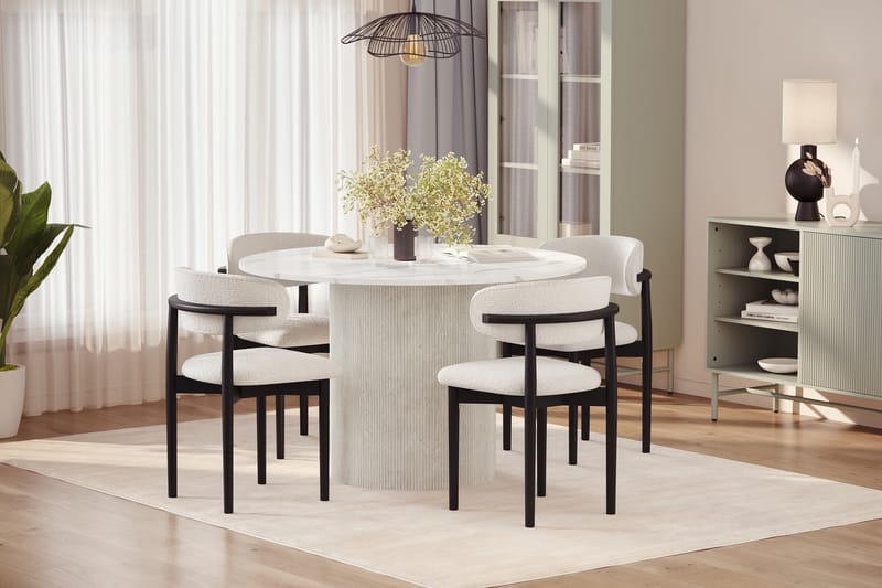 Uppveda Spisebord 120 cm Rund med 4 stk Jaiveer Matstkolar - Hvid - Møbler - Borde - Spisebordssæt