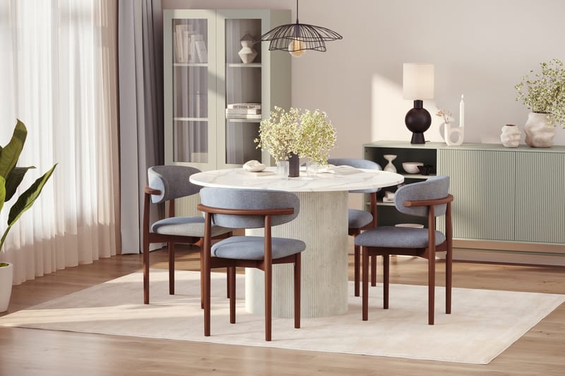 Uppveda Spisebord 120 cm Rund med 4 stk Jaiveer Matstkolar - Hvid - Møbler - Borde - Spisebordssæt