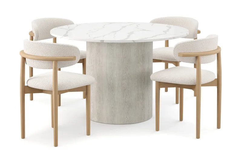 Uppveda Spisebord 120 cm Rund med 4 stk Jaiveer Matstkolar, Hvid