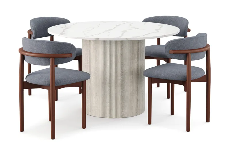 Uppveda Spisebord 120 cm Rund med 4 stk Jaiveer Matstkolar, Hvid