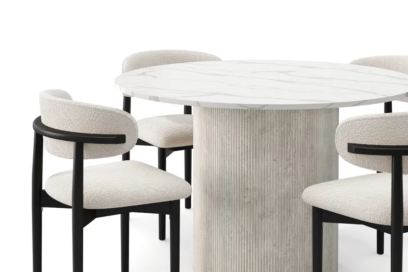 Uppveda Spisebord 120 cm Rund med 4 stk Jaiveer Matstkolar - Hvid - Møbler - Borde - Spisebordssæt