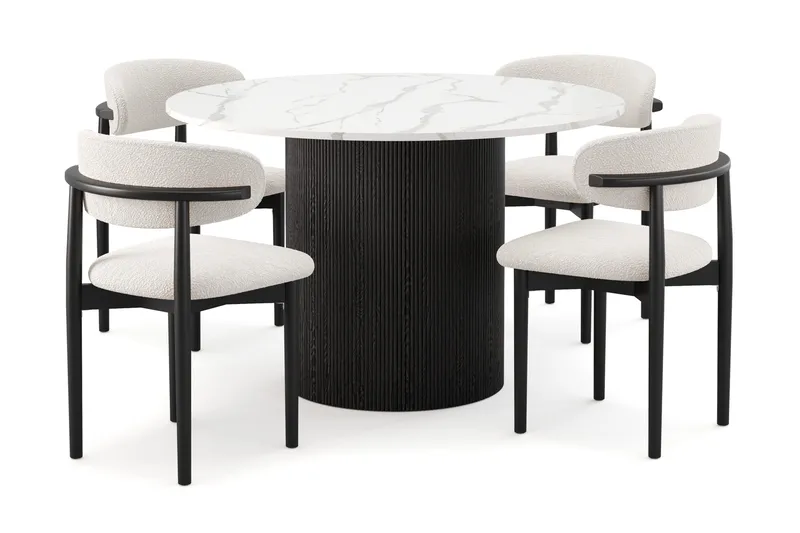 Uppveda Spisebord 120 cm Rund med 4 stk Jaiveer Matstkolar, Sort/Hvid