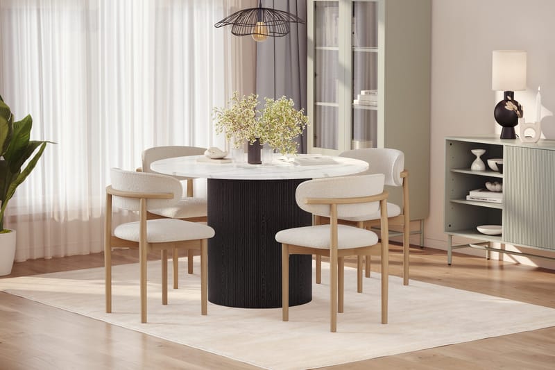 Uppveda Spisebord 120 cm Rund med 4 stk Jaiveer Matstkolar - Sort/Hvid - Møbler - Borde - Spisebordssæt