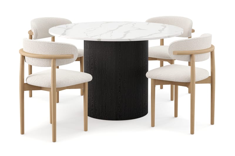 Uppveda Spisebord 120 cm Rund med 4 stk Jaiveer Matstkolar, Sort/Hvid