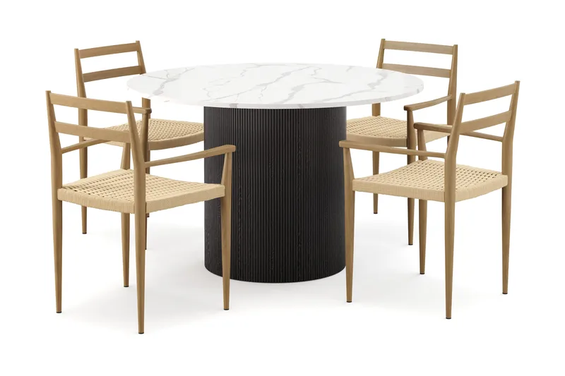 Uppveda Spisebord 120 cm Rund med 4 stk Jamna Karmstkolar, Sort/Hvid