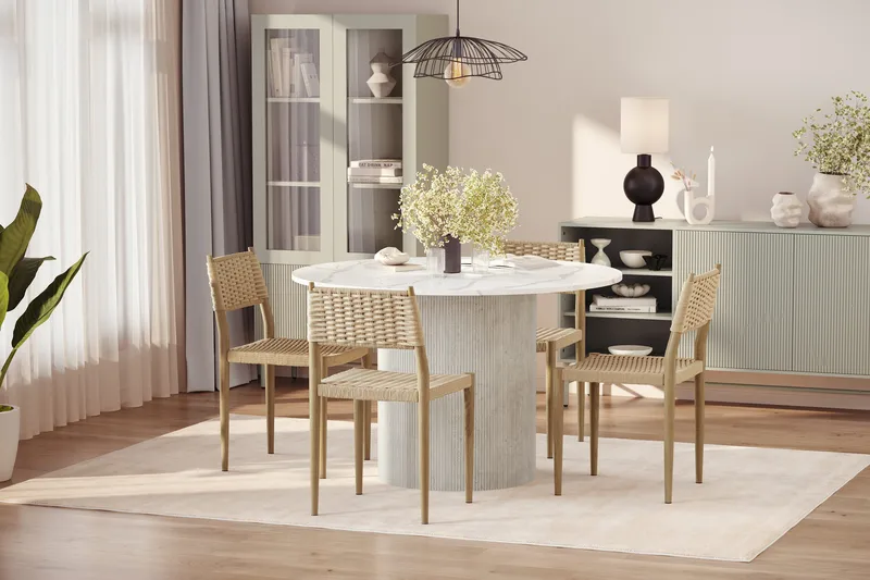 Uppveda Spisebord 120 cm Rund med 4 stk Jamna Matstkolar - Hvid - Møbler - Borde - Spisebordssæt