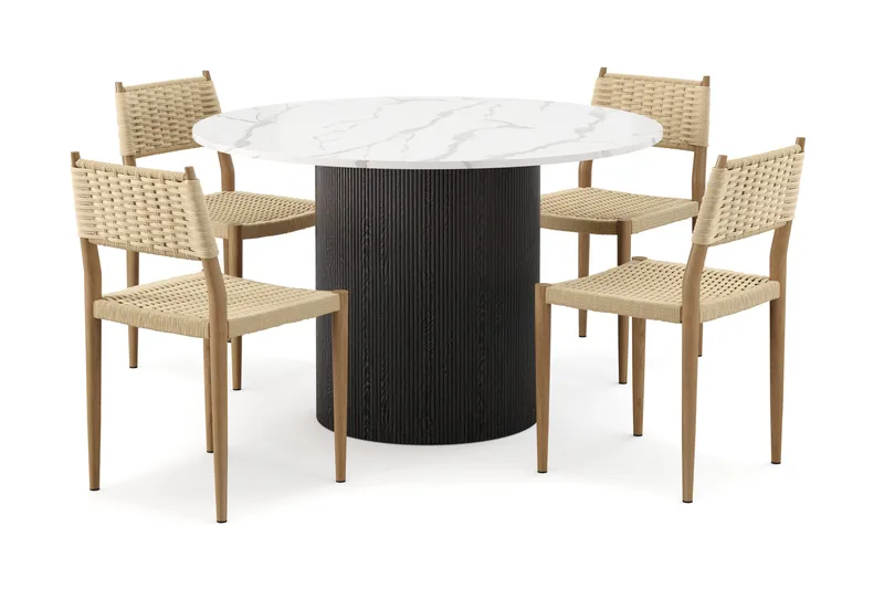 Uppveda Spisebord 120 cm Rund med 4 stk Jamna Matstkolar, Sort/Hvid