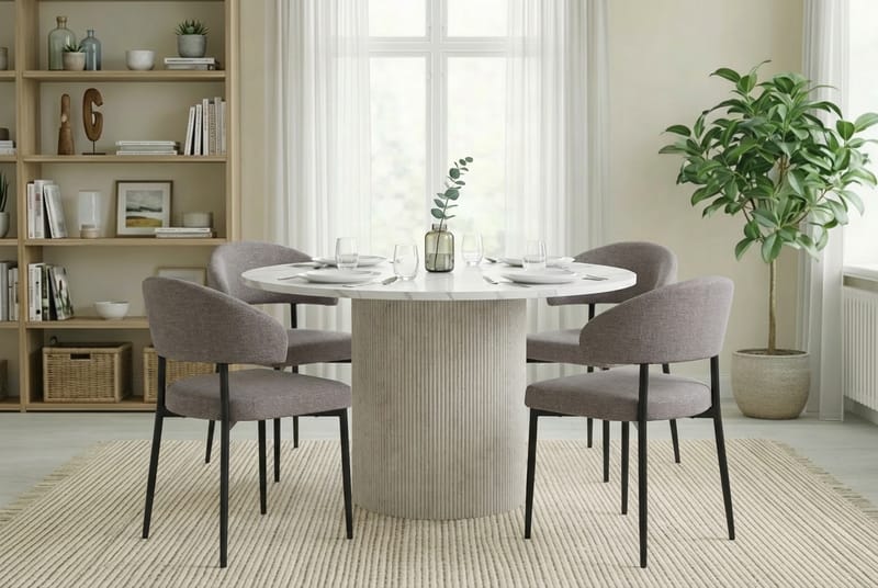 Uppveda Spisebord 120 cm Rundt Hvid med 4 Sawako Greige Stole - Hvid/Greige - Møbler - Borde - Spisebordssæt