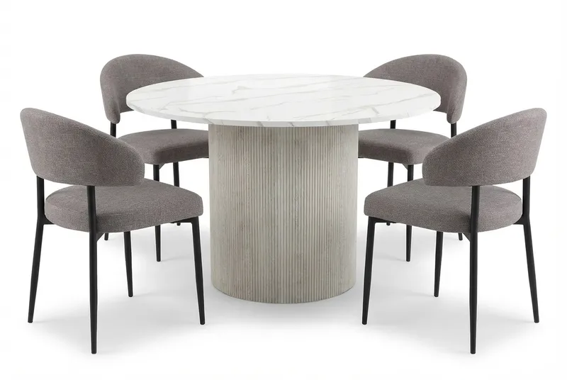 Uppveda Spisebord 120 cm Rundt Hvid med 4 Sawako Greige Stole, Hvid/Greige