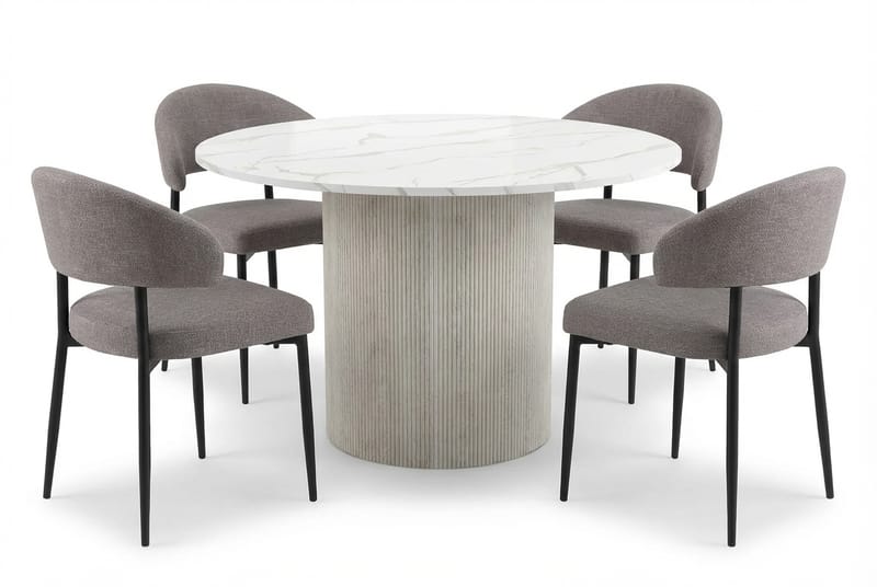 Uppveda Spisebord 120 cm Rundt Hvid med 4 Sawako Greige Stole, Hvid/Greige