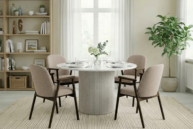 Uppveda Spisebord 120 cm Rundt Hvidt med 4 Reciclar Spisestole - Hvid/Greige - Møbler - Borde - Spisebordssæt