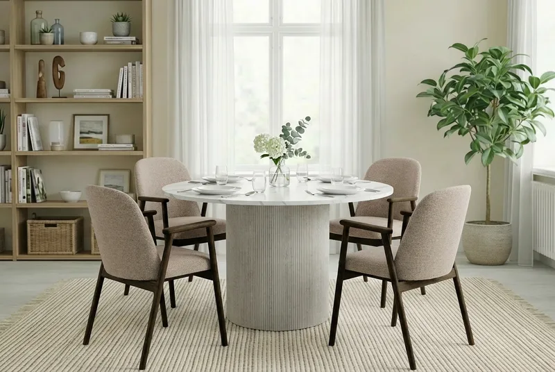 Uppveda Spisebord 120 cm Rundt Hvidt med 4 Reciclar Spisestole - Hvid/Greige - Møbler - Borde - Spisebordssæt