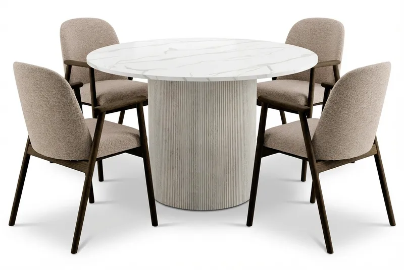 Uppveda Spisebord 120 cm Rundt Hvidt med 4 Reciclar Spisestole, Hvid/Greige