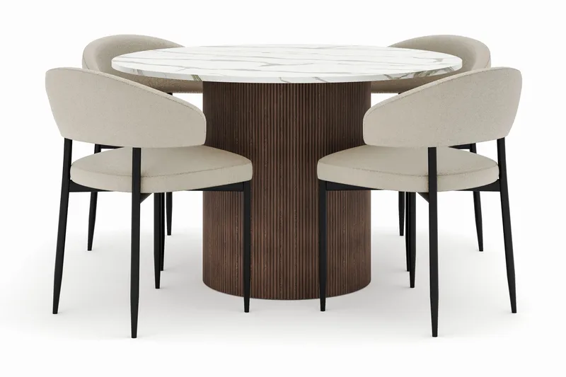 Uppveda Spisebord 120 cm Rundt med 4 Sawako Stole, Brun