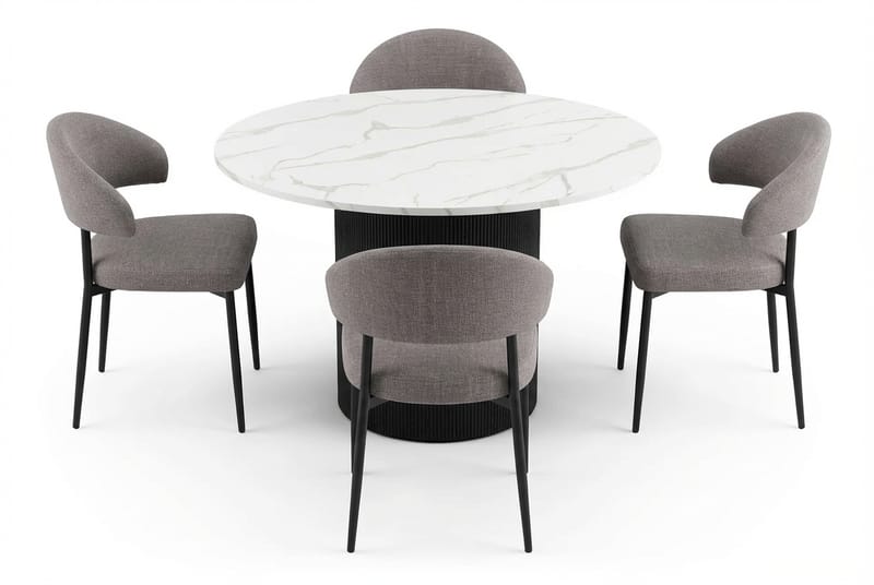 Uppveda Spisebord 120 cm Rundt Sort med 4 Sawako Greige Stole - Sort/Hvid/Greige - Møbler - Borde - Spisebordssæt